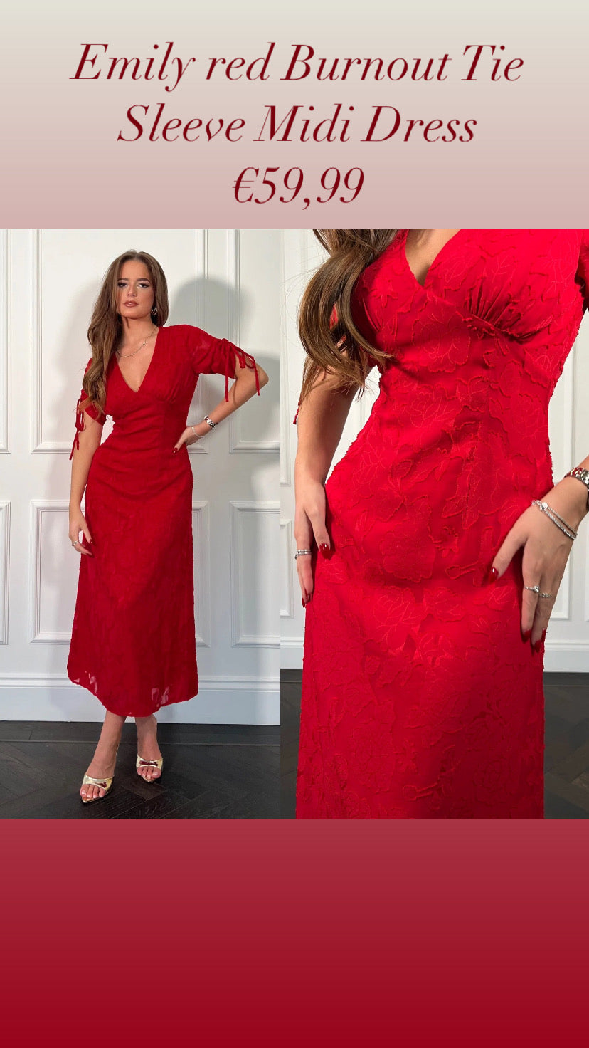 Emily red Burnout Tie Sleeve Midi Dress