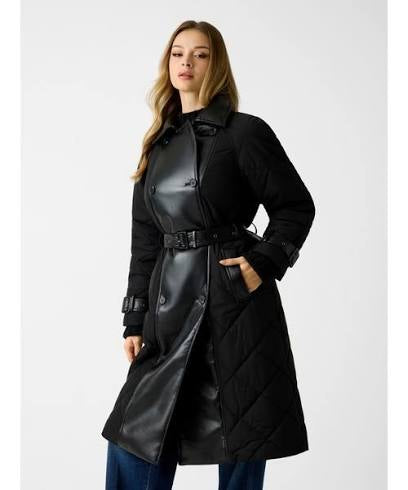 Guess Alexane faux leather mix Quilted Trench Coat. W5BL36W4070