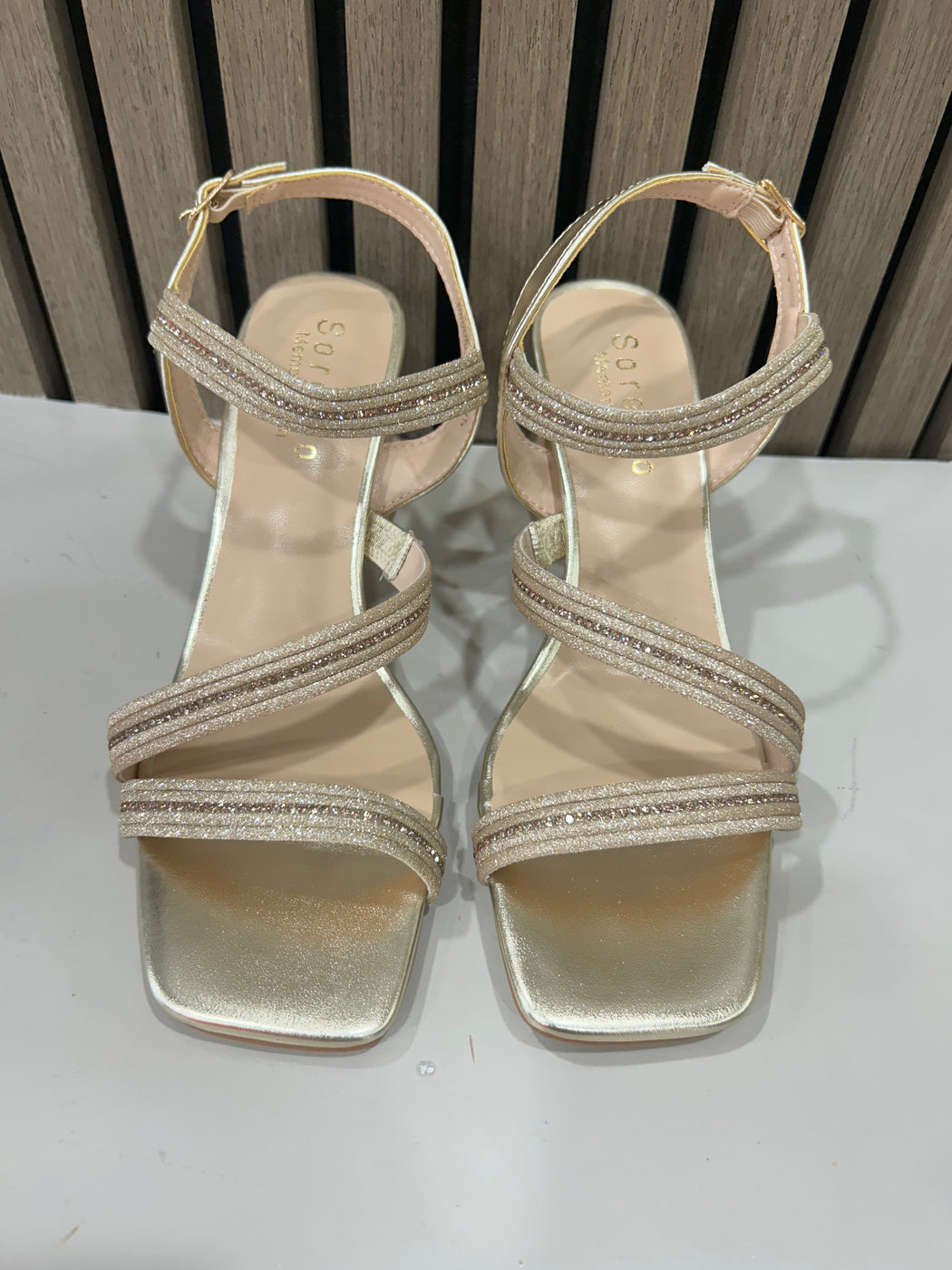 Brooklyns Gold block heel Bling Sandals