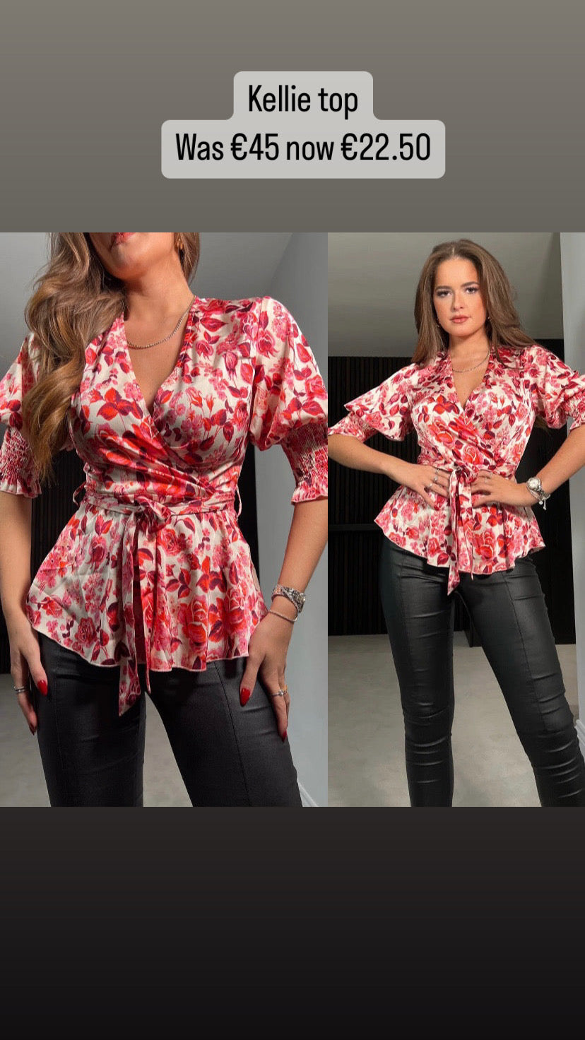 Kellie pink  Floral Tie Waist Wrap Top