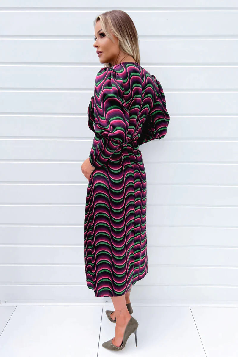 Da1610 Multi Printed Long Sleeve Wrap Top Midi Dress