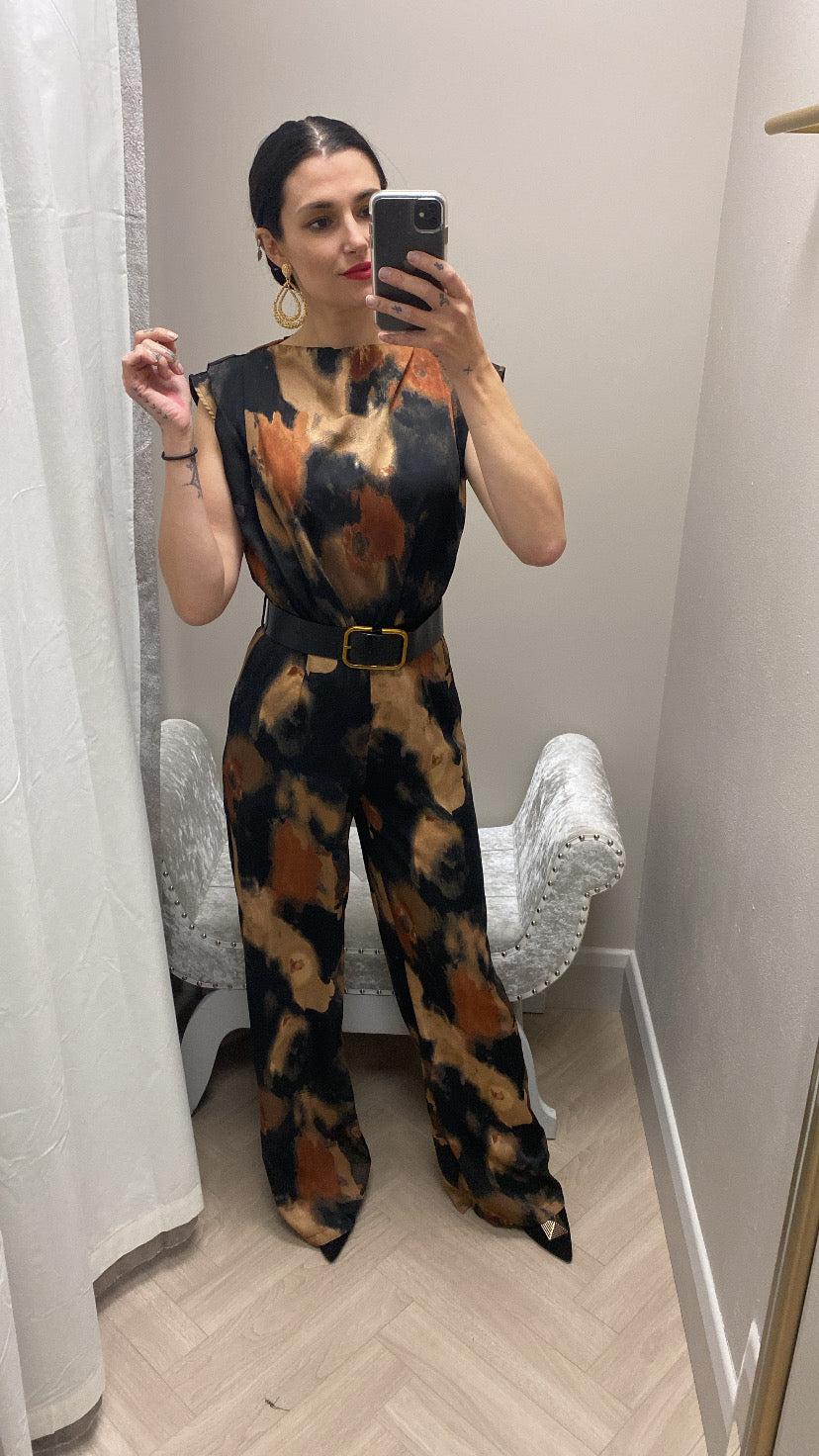 Pa649  Boat Neck Belted Wide Leg Jumpsuit