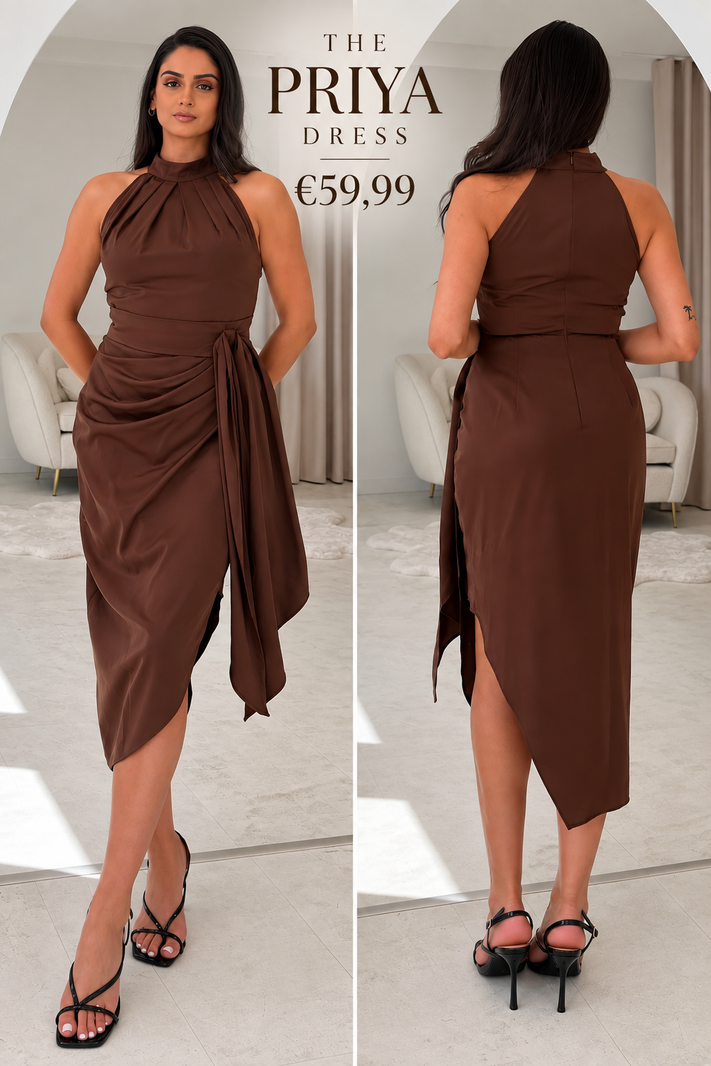 Priya Tie Waist Halter Neck Midi Dress Brown