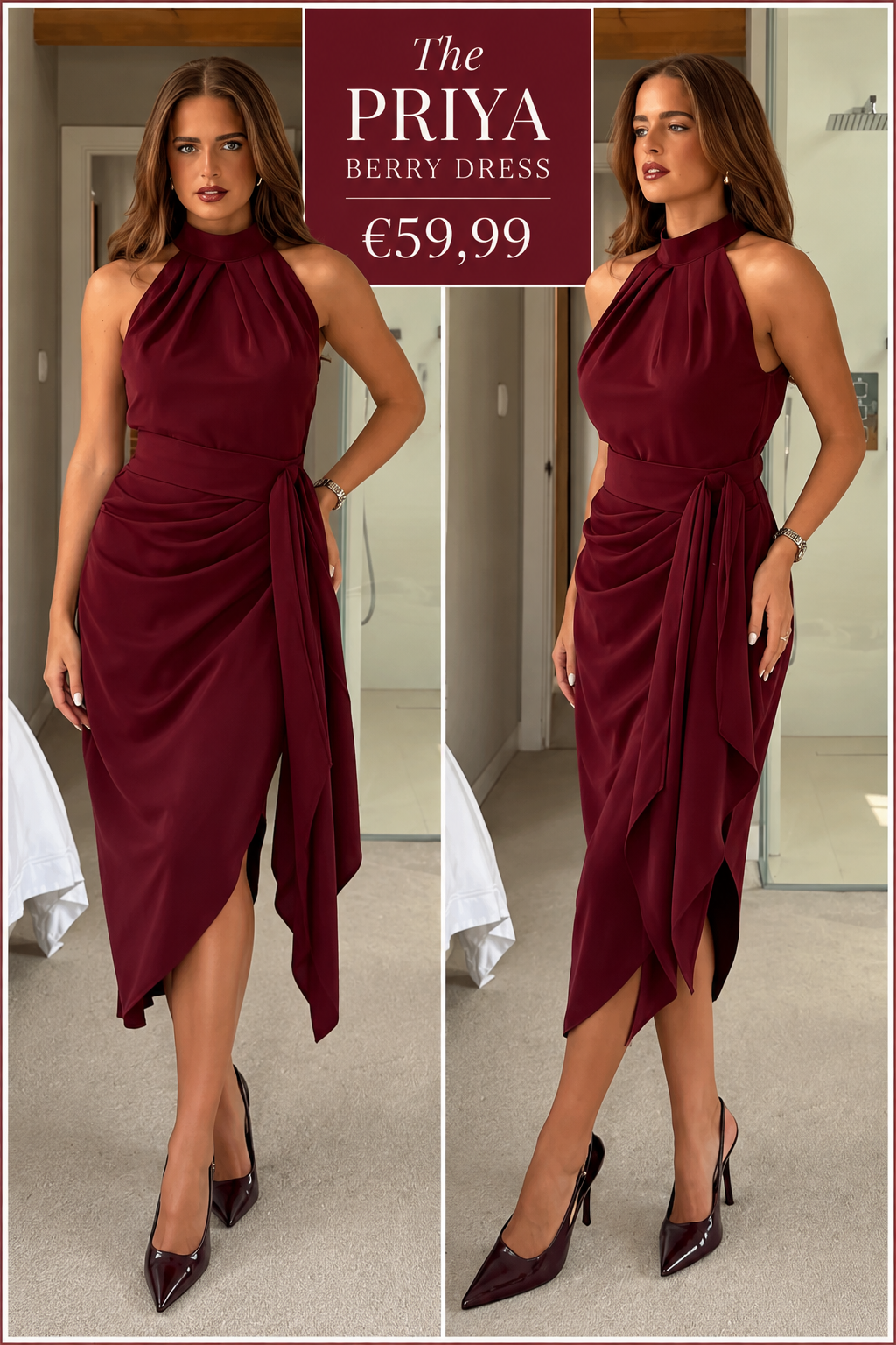 Priya berry Tie Waist Halter Neck Midi Dress