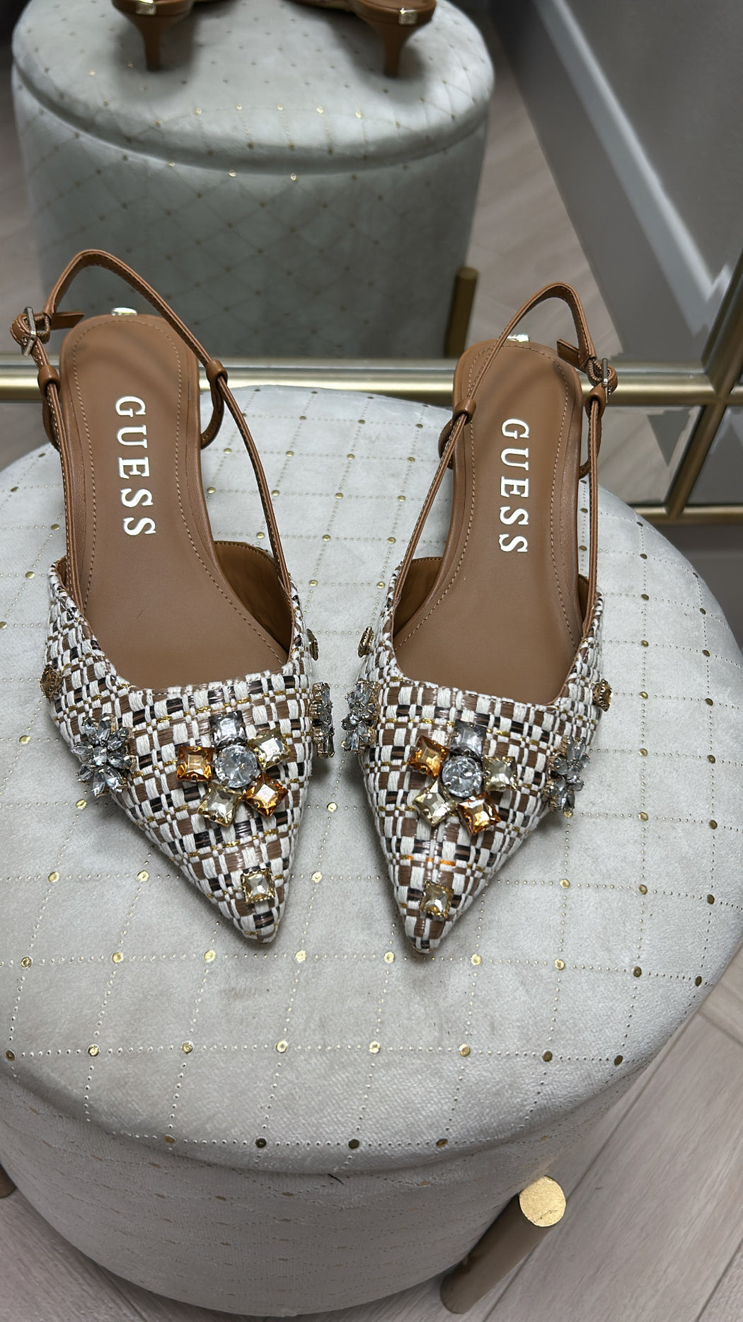 FLPJSNFAB03 Guess Brown Embellished Slingbacks.