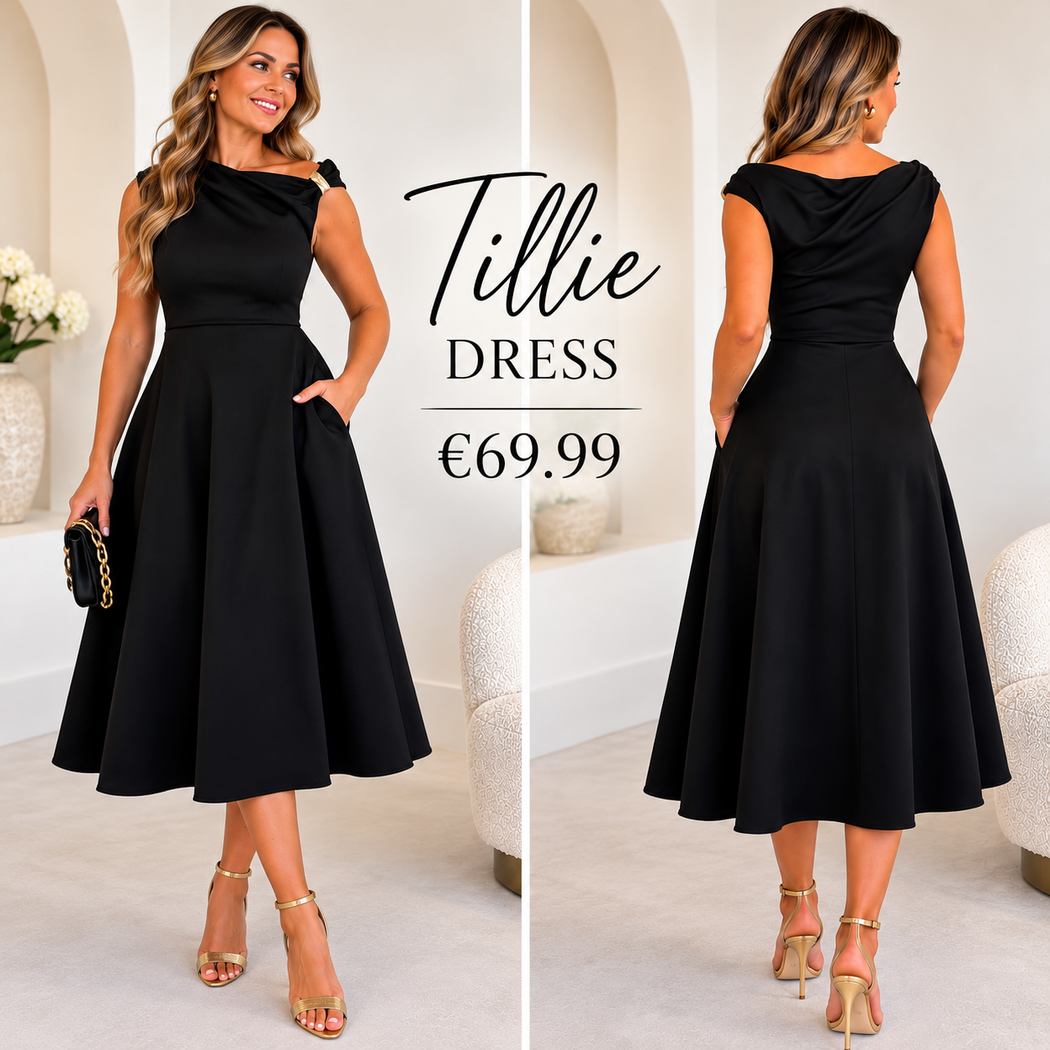 Tillie Gold Trim Asymmetric Neck Midi Dress Black