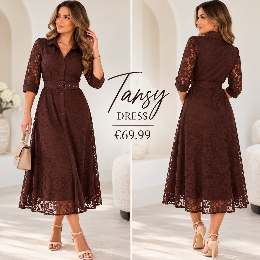 Tansy 3/4 Sleeve Lace Shirt Dress Brown
