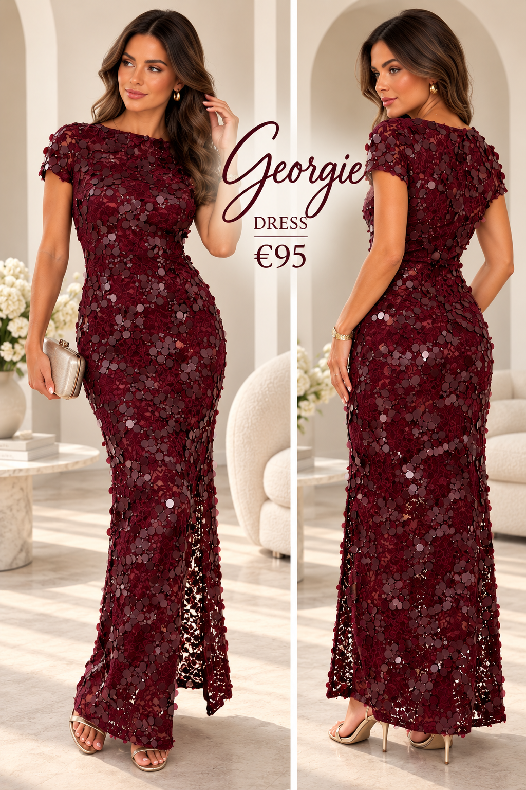 Georgie sequin Lace Split Maxi Dress Burgundy