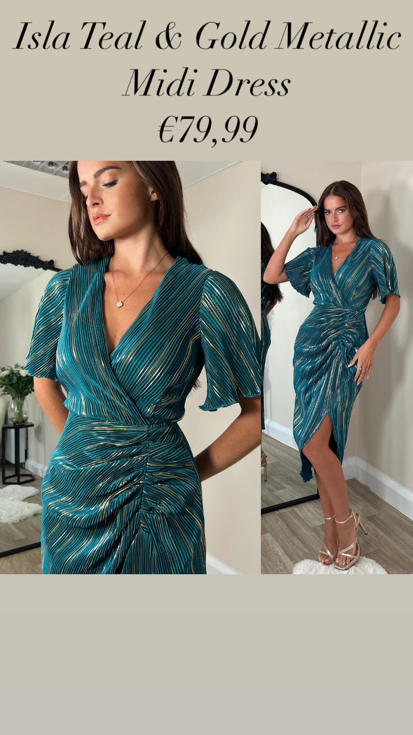 Isla Teal & Gold Metallic Midi Dress