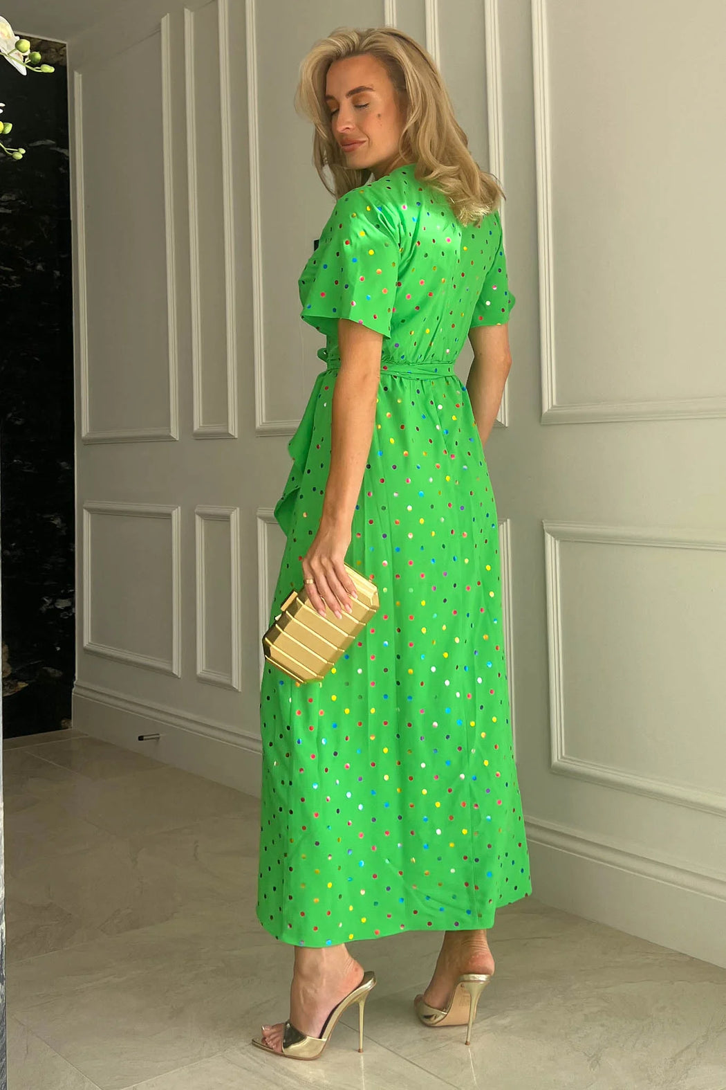 Farrah Green & Multi Colour Foil Split Hem Frill Detail Maxi Dress