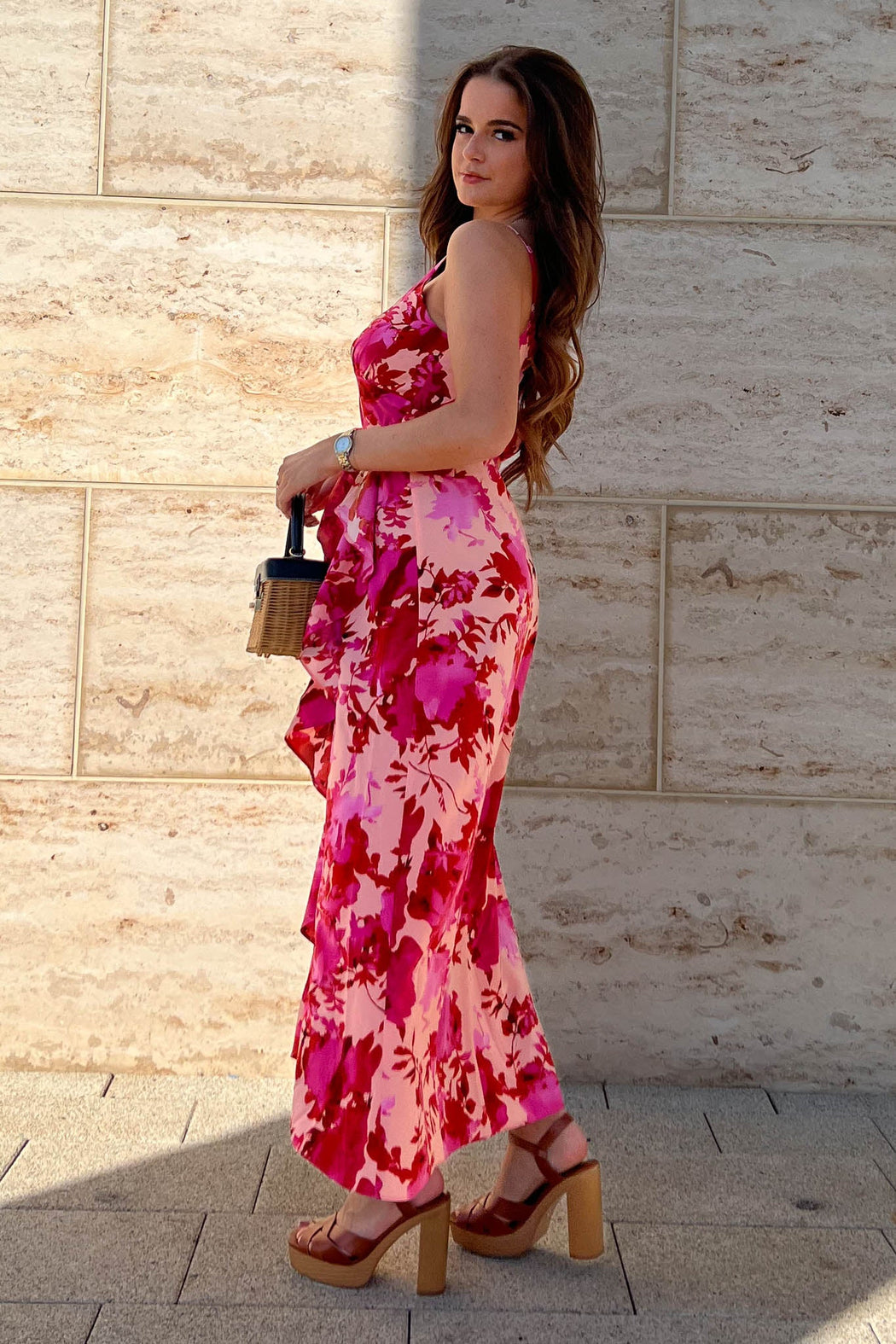 Isadora Pink Floral Cami Frill Detail Maxi Dress