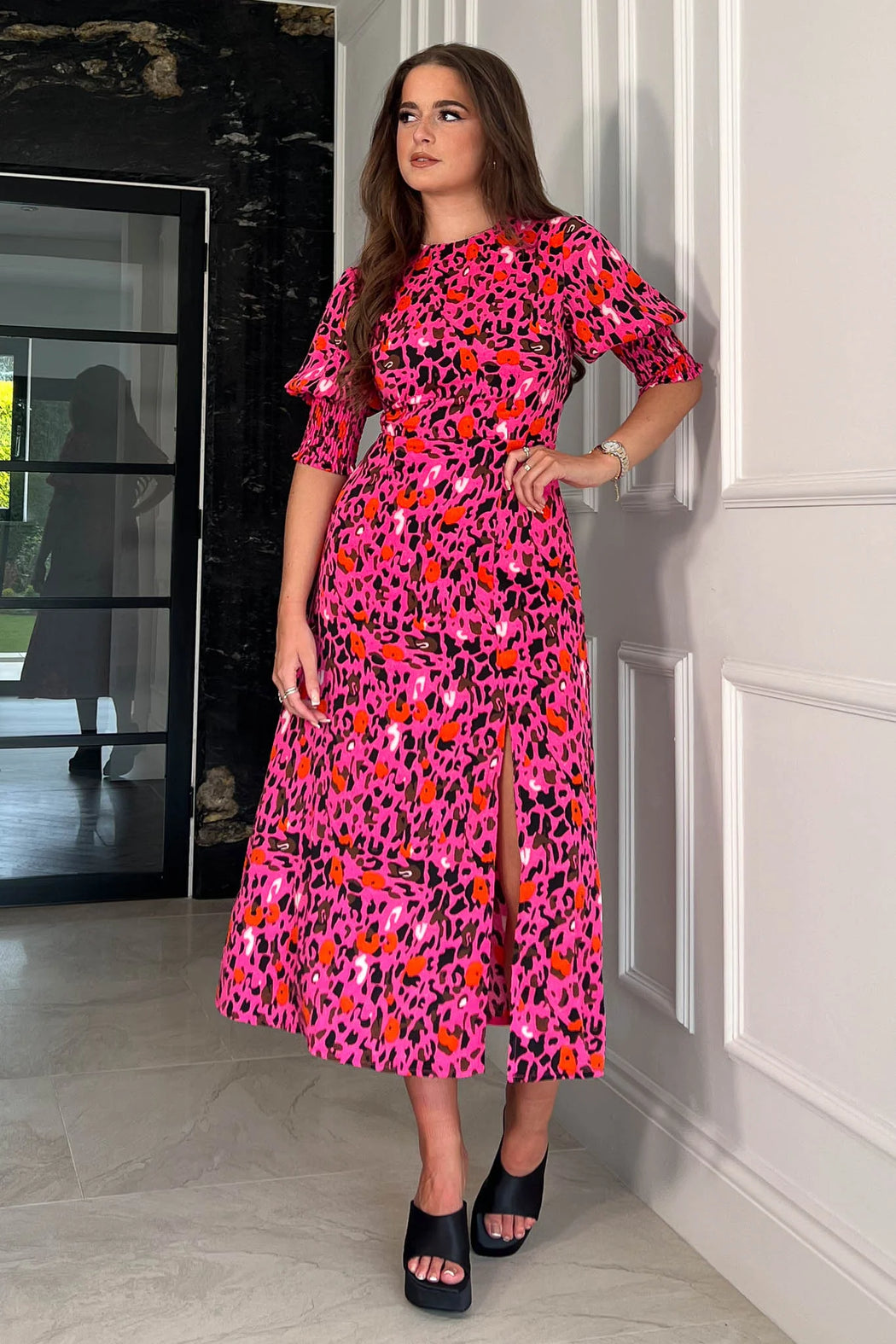 Shayla Pink Leopard Shirred Cuff Midi Dress