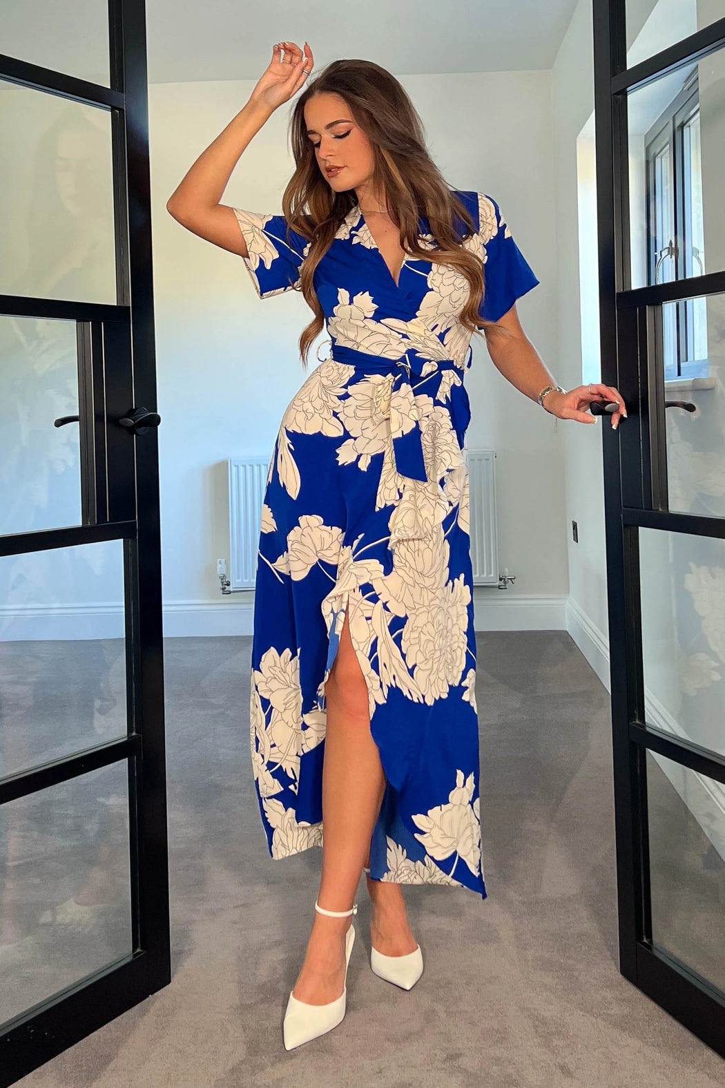 Navy floral print frill 2025 detail wrap maxi dress