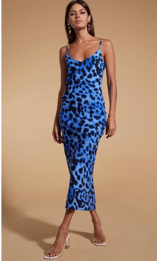 Sienna dancing leopard Midaxi Slip Dress in Bright blue leopard