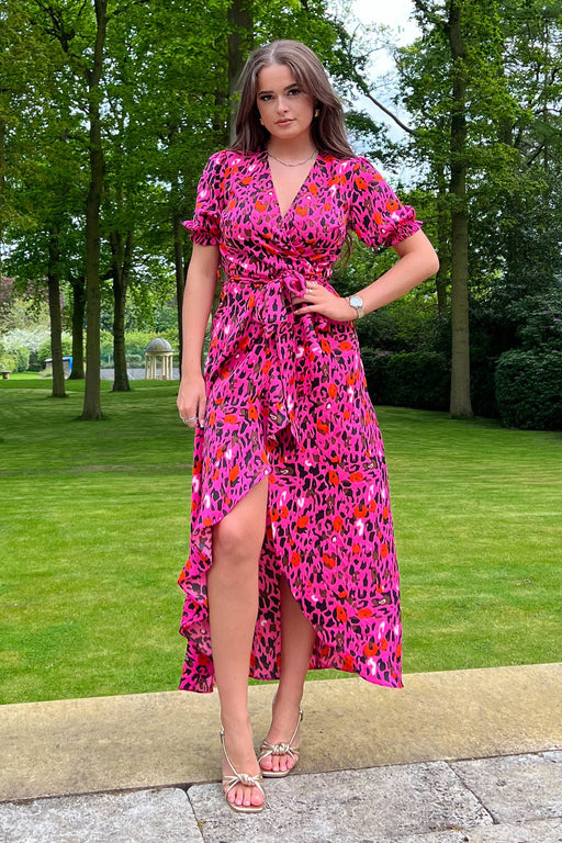 Lydia Split Hem Frill Detail Pink Leopard Maxi Dress
