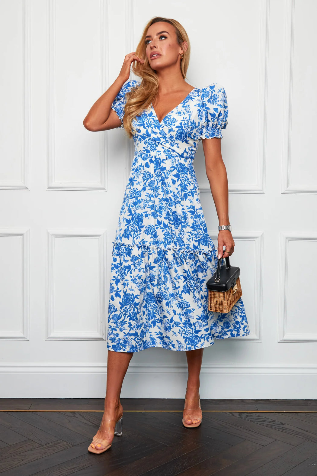 Maya Wrap Tierred Midi Dress Blue Floral Therapy Boutique