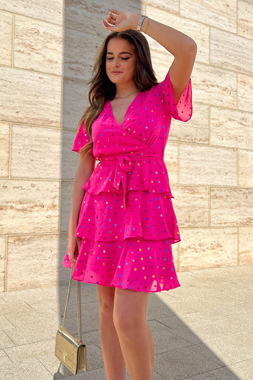 Elaina Pink & Multi Colour Foil Spot Mini Dress