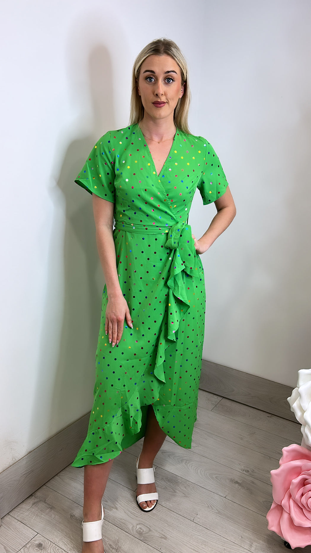 Farrah Green & Multi Colour Foil Split Hem Frill Detail Maxi Dress