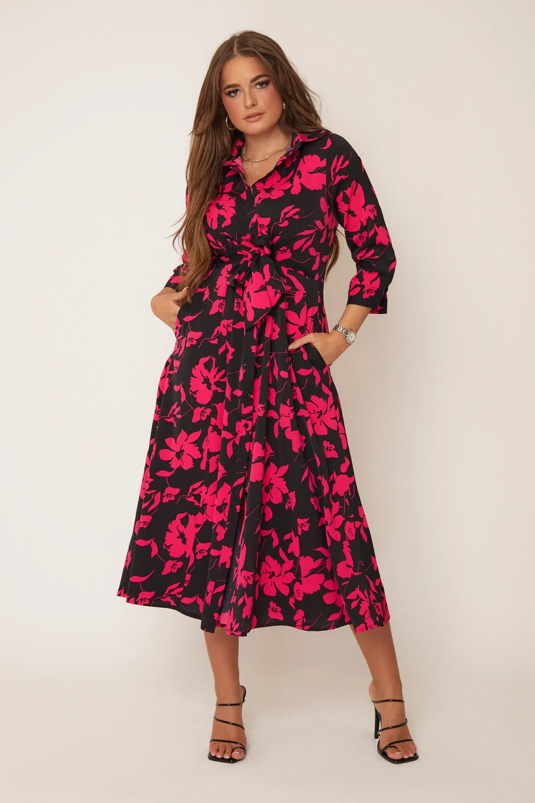 Odette Black & Pink Floral Tie Front Shirt Dress
