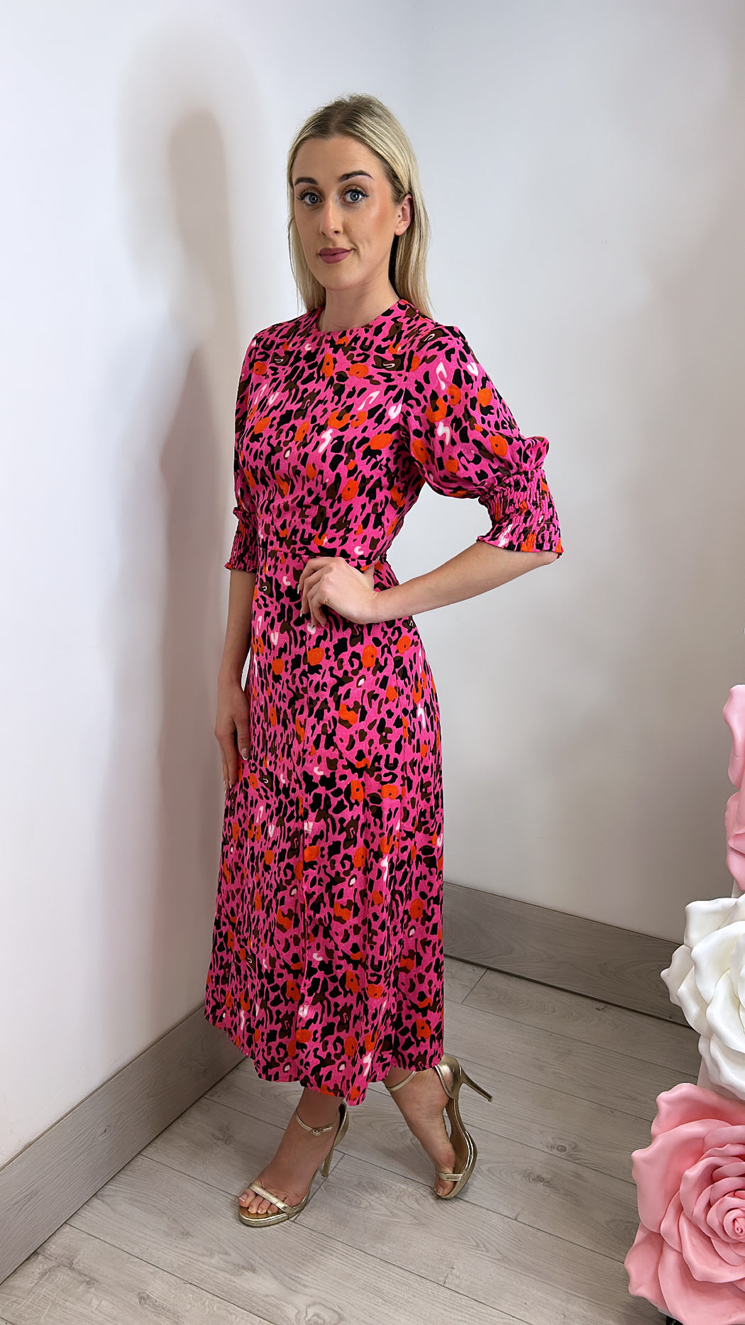 Shayla Pink Leopard Shirred Cuff Midi Dress