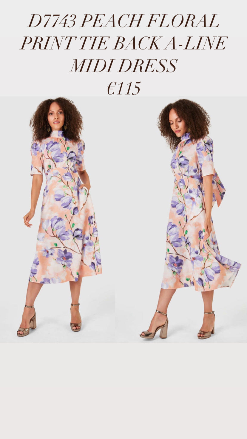 D7743 PEACH FLORAL PRINT TIE BACK A-LINE MIDI DRESS