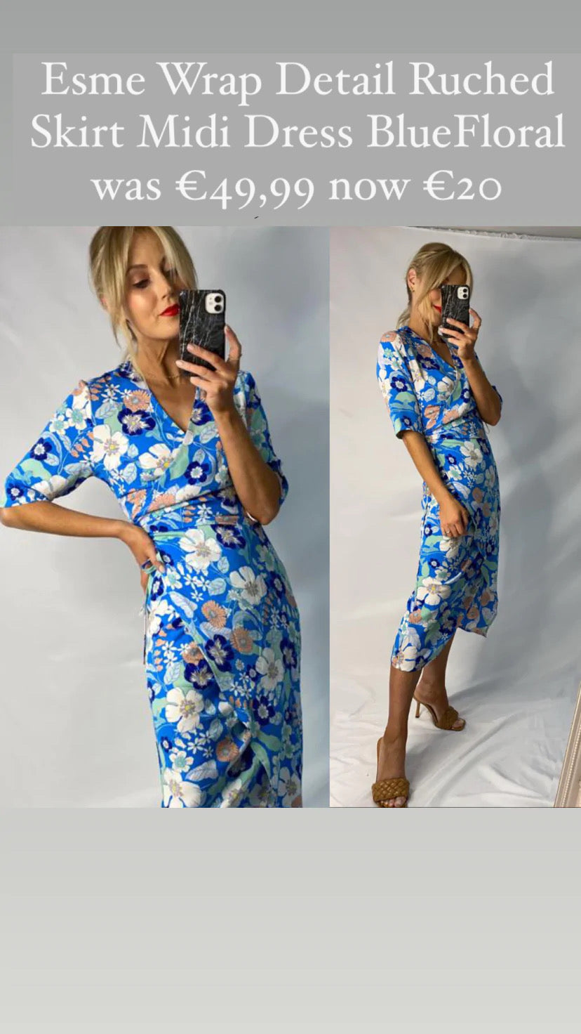 Esme Mixed Wrap Detail Ruched Skirt Midi Dress Blue Floral sale