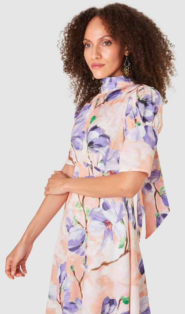 D7743 PEACH FLORAL PRINT TIE BACK A-LINE MIDI DRESS