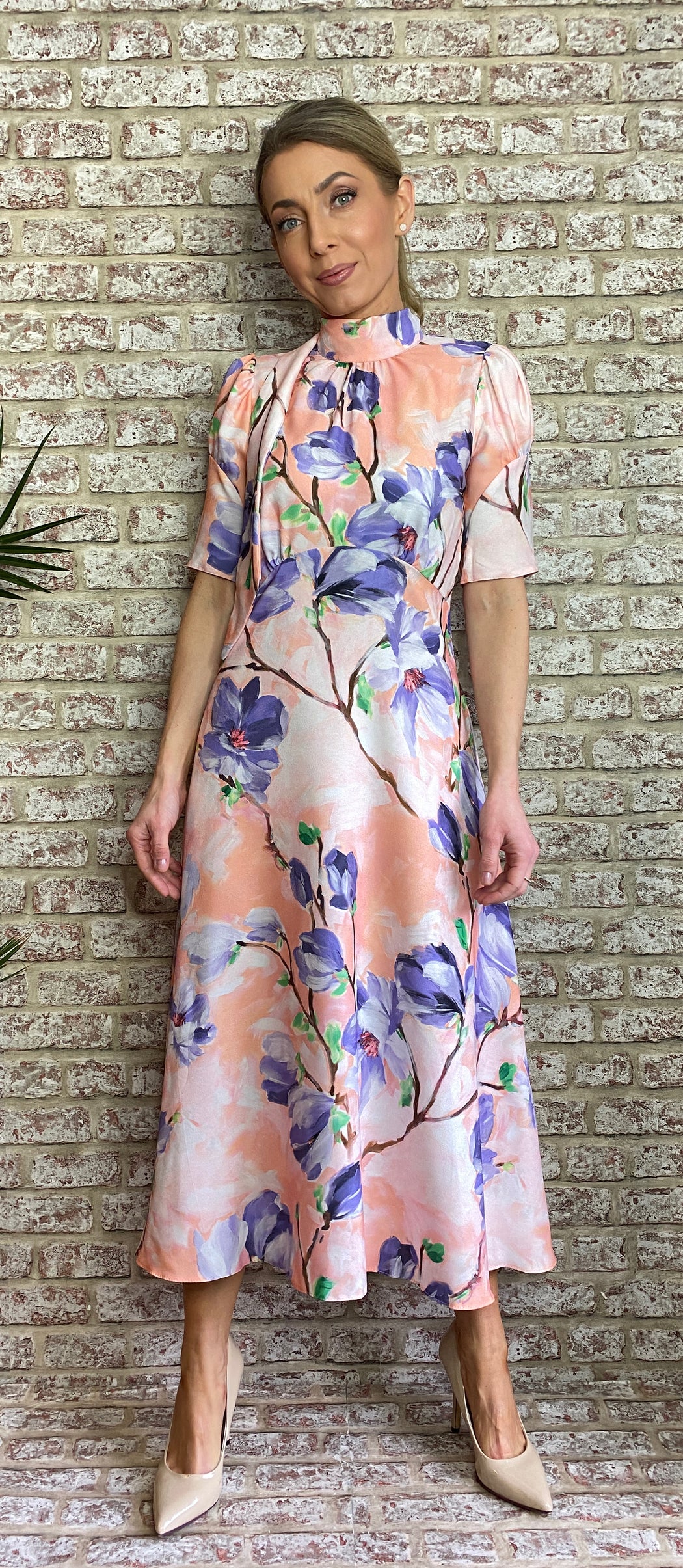 D7743 PEACH FLORAL PRINT TIE BACK A-LINE MIDI DRESS