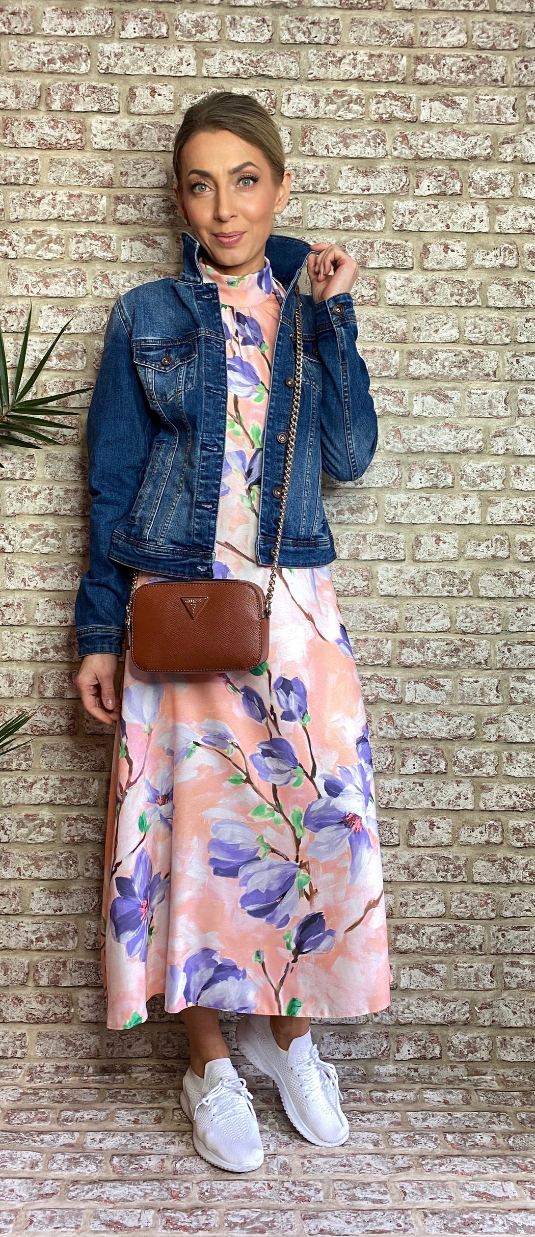 D7743 PEACH FLORAL PRINT TIE BACK A-LINE MIDI DRESS