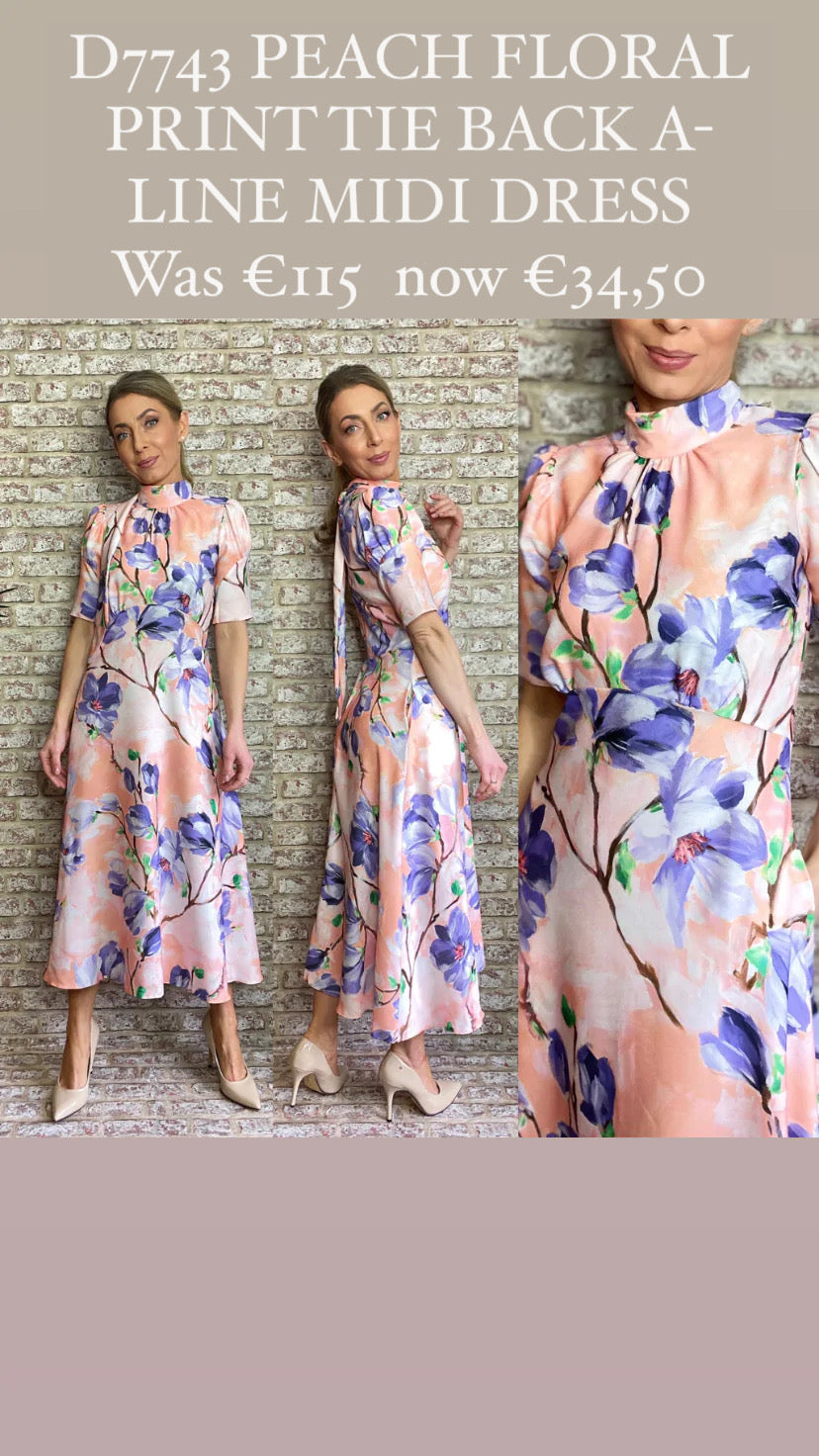 D7743 PEACH FLORAL PRINT TIE BACK A-LINE MIDI DRESS