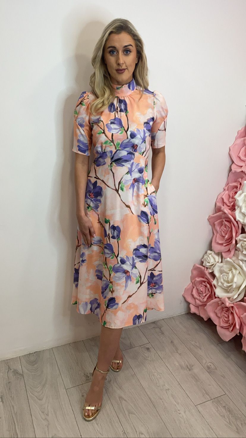 D7743 PEACH FLORAL PRINT TIE BACK A-LINE MIDI DRESS