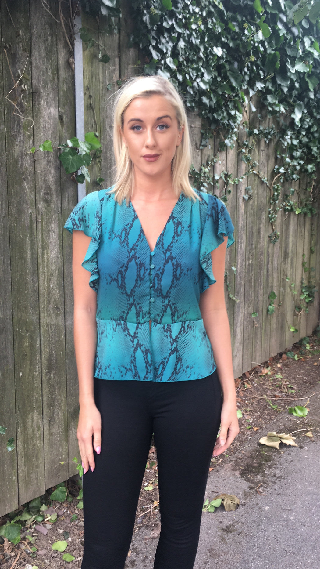 Teal snakeskin frill sleeve top