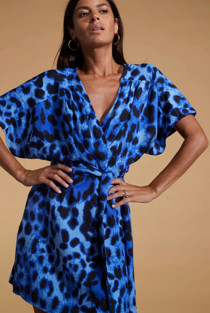 Kansas blue leopard dancing leopard Mini Wrap Dress