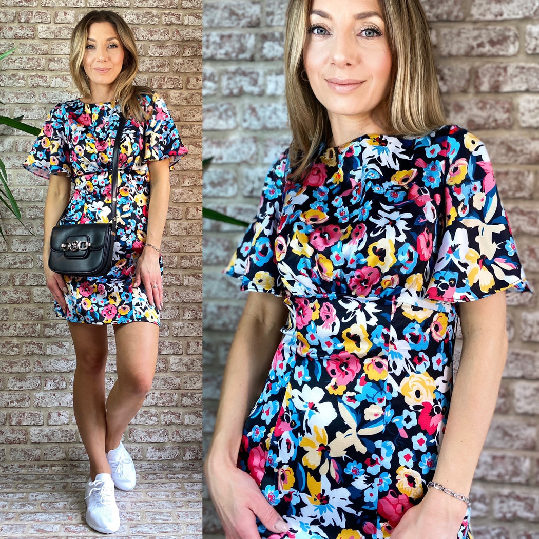 Cindy round neck floral print mini dress