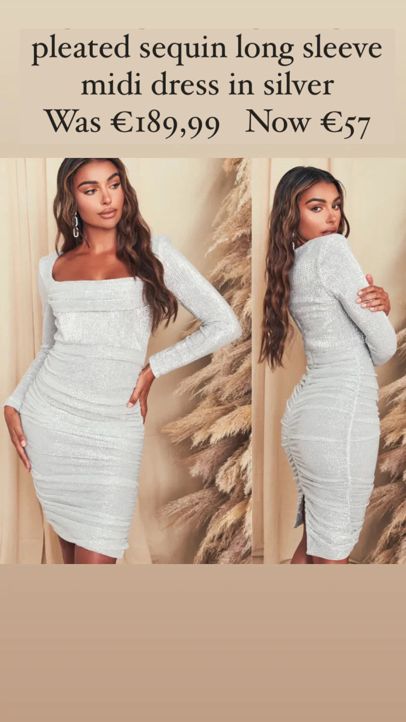 pleated sequin long sleeve midi dress in silver