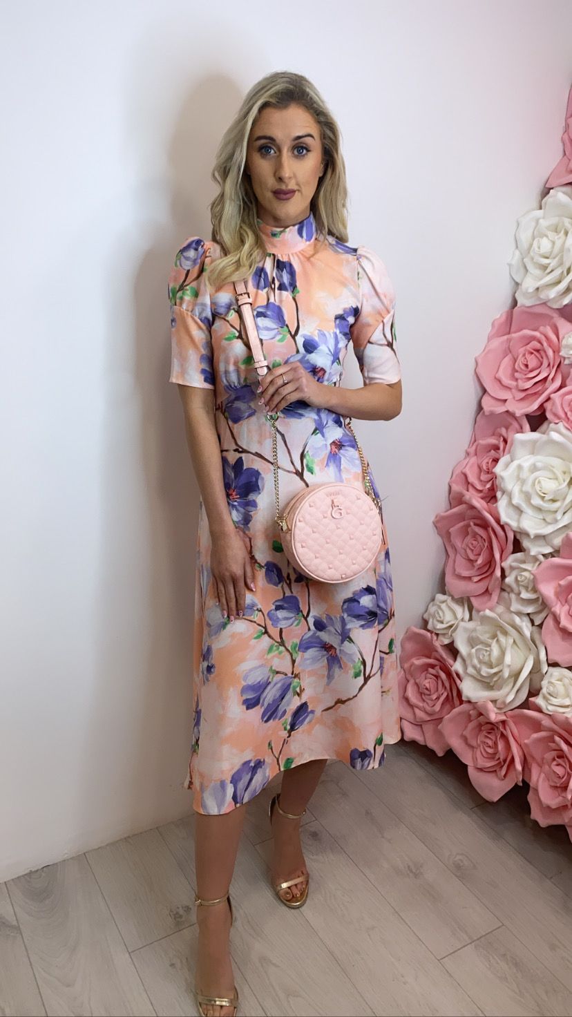 D7743 PEACH FLORAL PRINT TIE BACK A-LINE MIDI DRESS