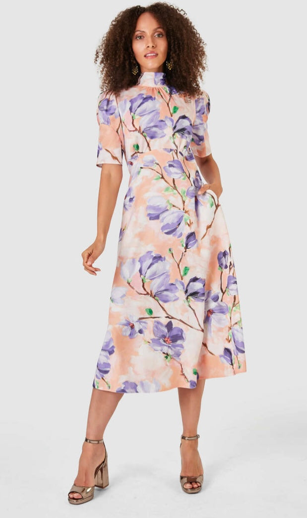 D7743 PEACH FLORAL PRINT TIE BACK A-LINE MIDI DRESS