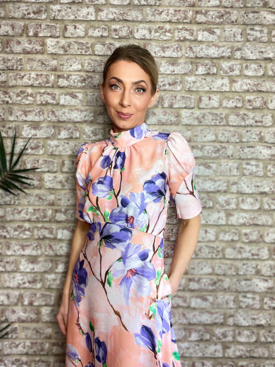 D7743 PEACH FLORAL PRINT TIE BACK A-LINE MIDI DRESS
