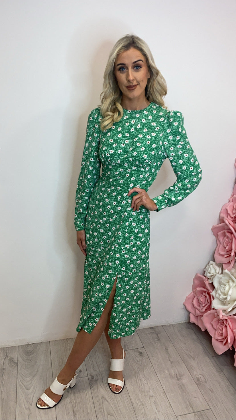 Cass Long Sleeve Split Leg Midi Dress Green Ditsy Floral sale