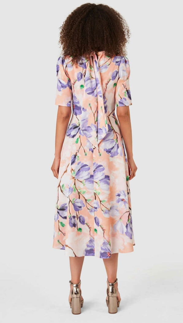 D7743 PEACH FLORAL PRINT TIE BACK A-LINE MIDI DRESS