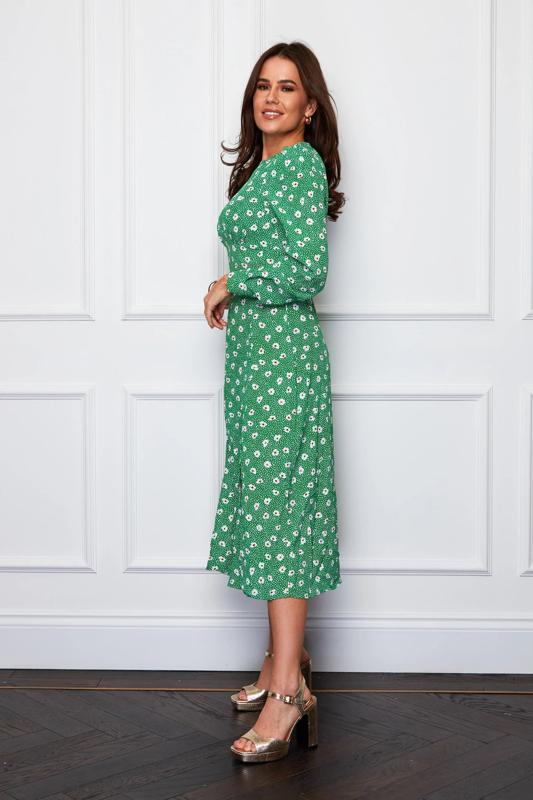 Cass Long Sleeve Split Leg Midi Dress Green Ditsy Floral sale