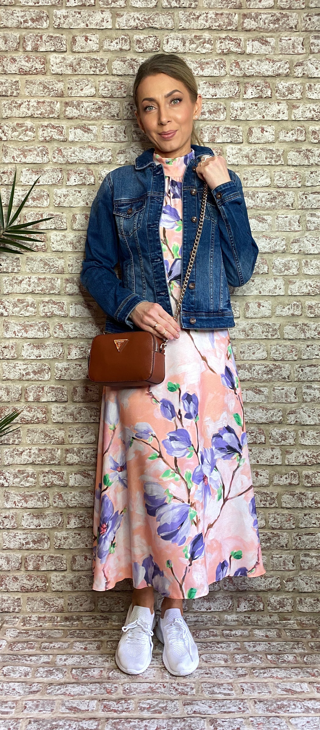 D7743 PEACH FLORAL PRINT TIE BACK A-LINE MIDI DRESS