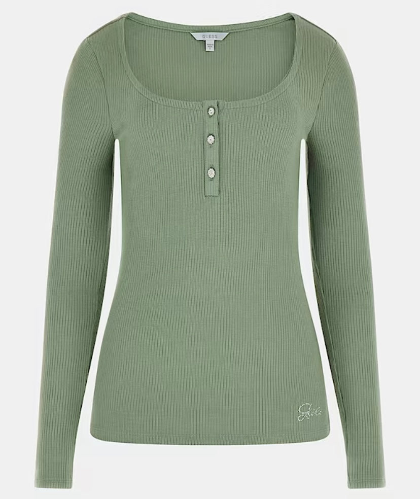 Sage green  long sleeve Guess jewel button top
