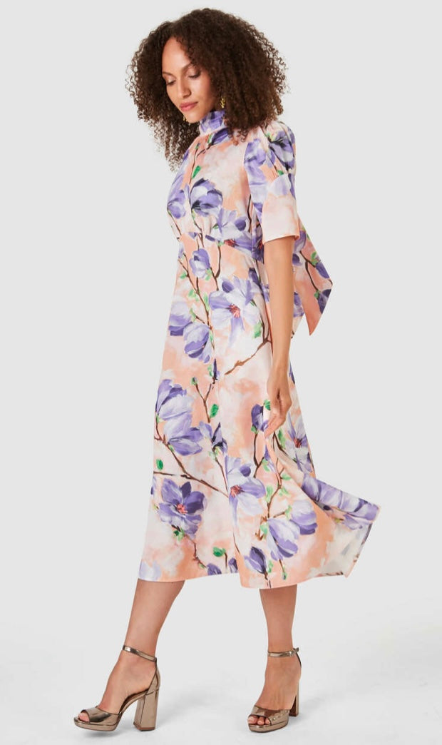 D7743 PEACH FLORAL PRINT TIE BACK A-LINE MIDI DRESS