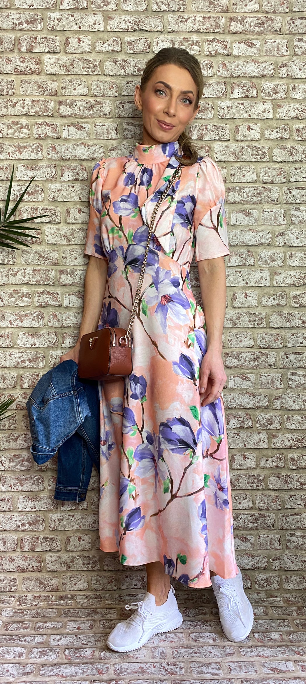 D7743 PEACH FLORAL PRINT TIE BACK A-LINE MIDI DRESS