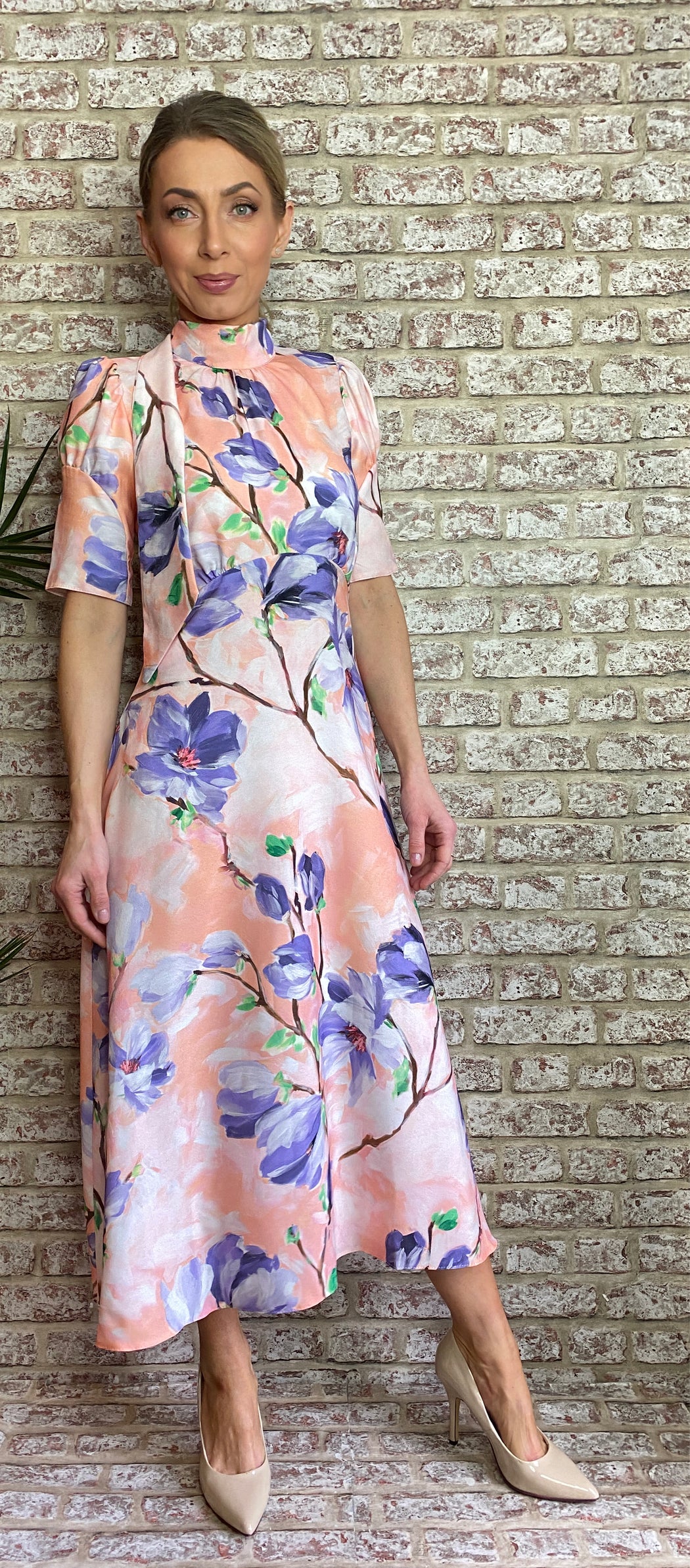 D7743 PEACH FLORAL PRINT TIE BACK A-LINE MIDI DRESS