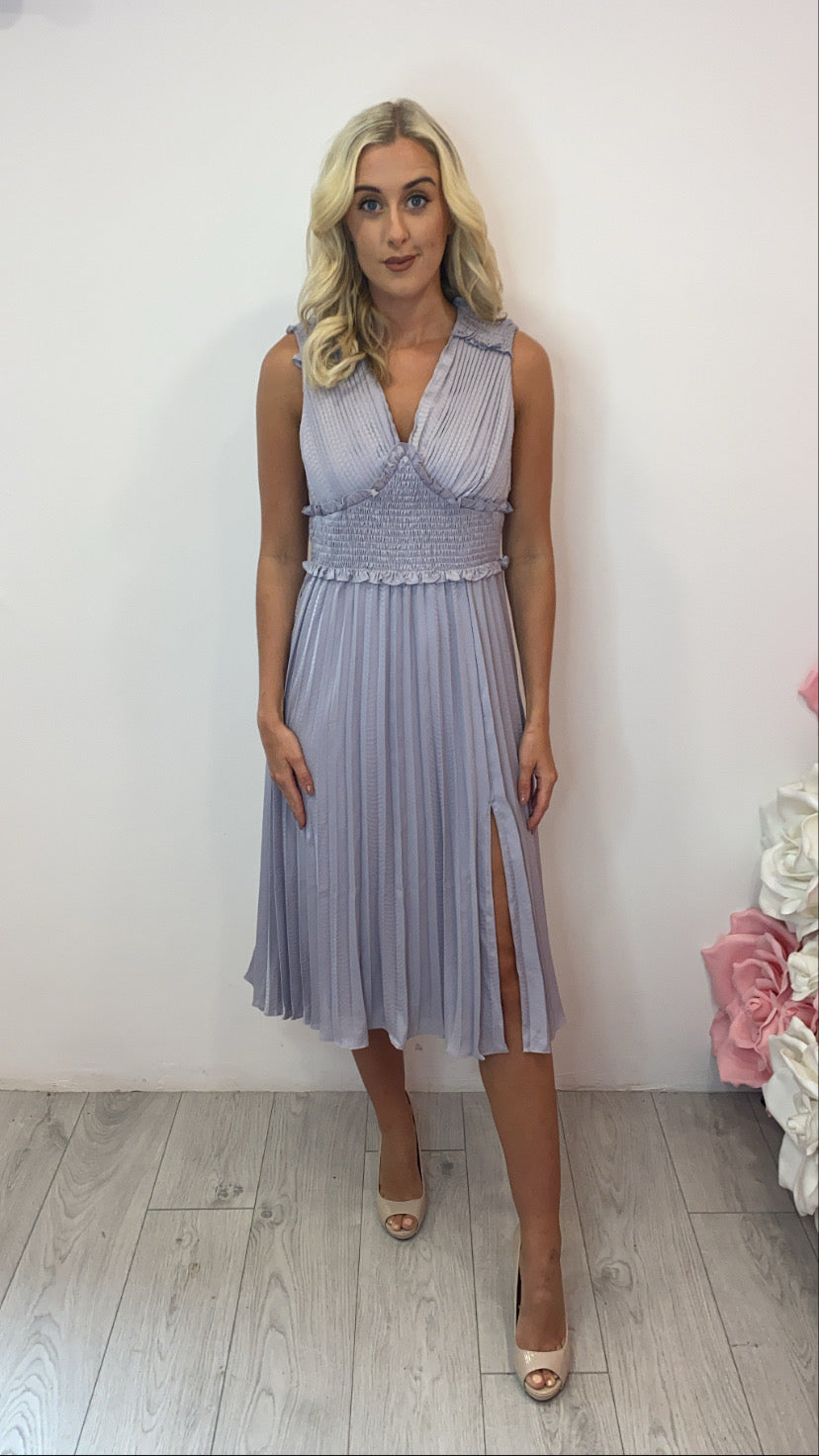 Lilac Grey Plunge Front Pleated Midi Dress