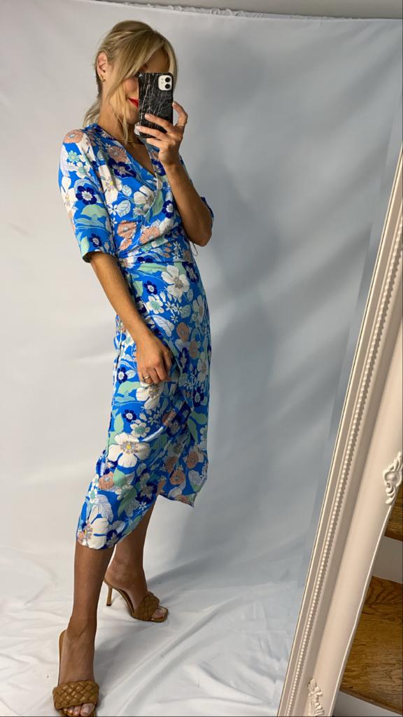 Esme Mixed Wrap Detail Ruched Skirt Midi Dress Blue Floral sale