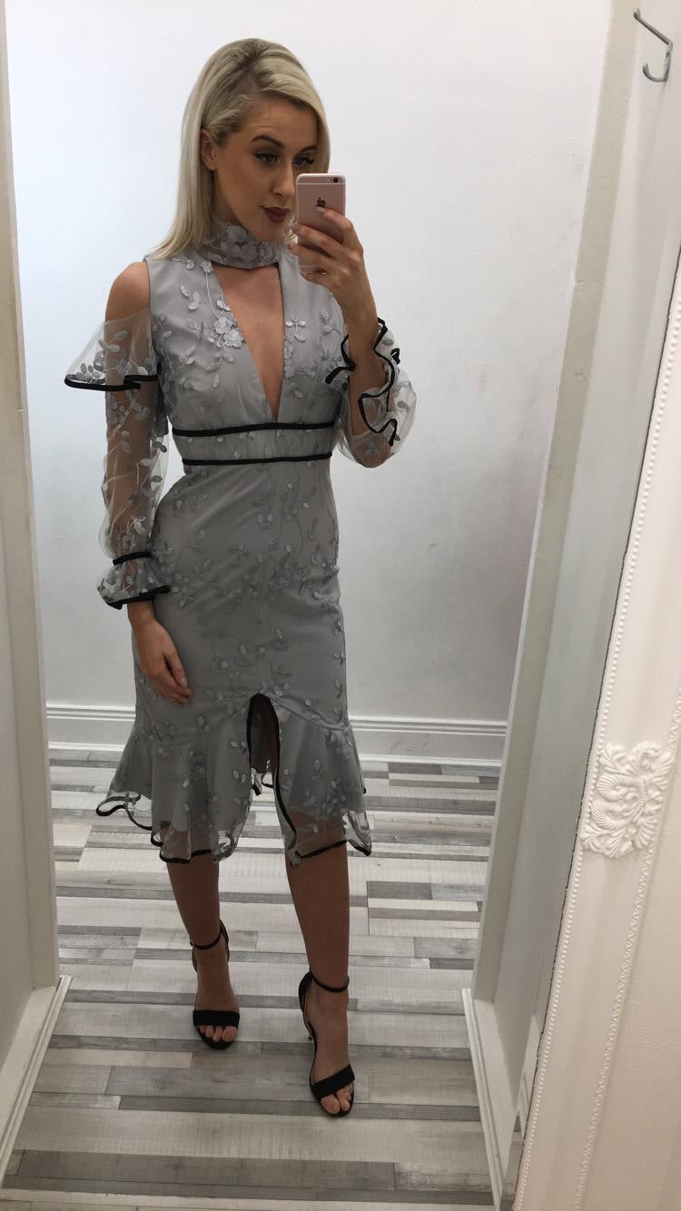 Lilac Grey Long Sleeve Embroidery Cut Out Midi Dress