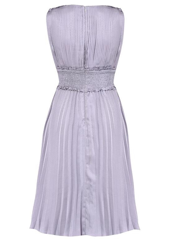 Lilac Grey Plunge Front Pleated Midi Dress